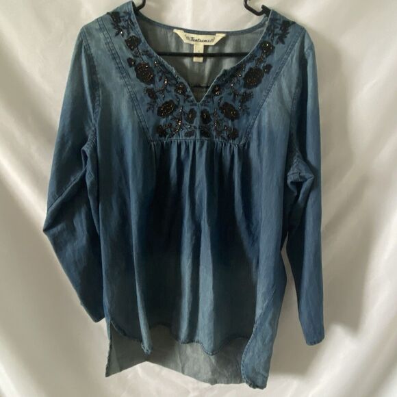 Tantrums Peasant Top Womens L Denim Embroidered Boho Babydoll Chambray - Picture 1 of 10